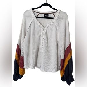 Vici Gauze Long Balloon Sleeves Blouse Top Color Block Distressed 100% Cotton